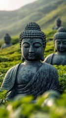 Fototapeta premium Serenity and tranquility of Buddha statues surrounded by lush greenery in a peaceful landscape