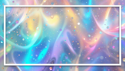 Obraz premium White frame overlaying a colorful pastel swirl background featuring glitter, bokeh, and a dreamy, ethereal aesthetic, perfect for various design projects.