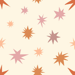 Obraz premium Childish stars in the sky space vector seamless pattern. Boho baby naive celestial starry vector background. Kids like stellar decorative surface design for fabric or Scandinavian style nursery. 