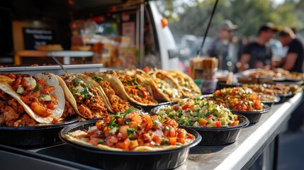 Vibrant Street Food Scene Featuring Freshly Prepared Tacos with Colorful Garnishes on Display