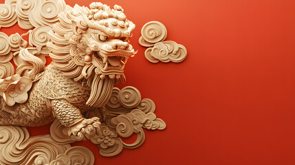 Obraz premium 3D golden line art of mythical lion surrounded by swirling clouds on vibrant red background, symbolizing strength and prosperity in traditional Asian culture