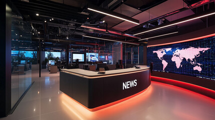 Contemporary news studio with a sleek design, illuminated desk, and digital world map backdrop