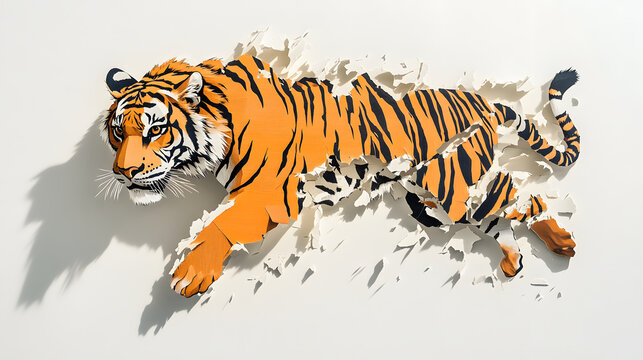 dynamic 3D collage of majestic tiger breaking through torn paper, showcasing its powerful stance and vibrant orange and black stripes