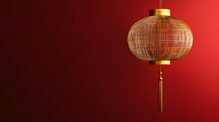 Obraz premium golden Chinese lantern with intricate wireframe design hangs elegantly against red gradient background, evoking sense of tradition and celebration