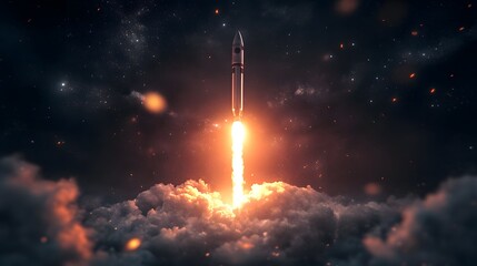 Rocket Launch Ascending Through Clouds Into Space