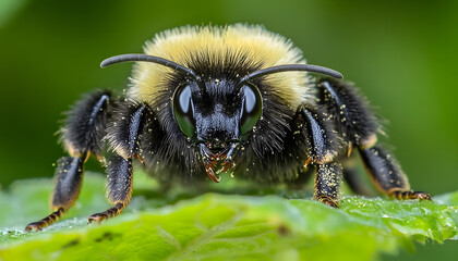 Close-up of a Bumblebee on a Green Leaf