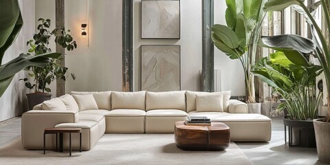 Modern Living Room with Beige Couch, Minimalist Decor, and Indoor Plants