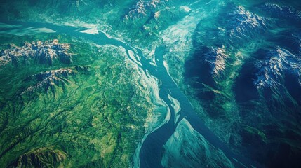 Fototapeta premium A satellite view of Kashmir illustrating its natural features and rivers,