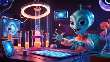 Alien Scientist Works In His Futuristic Lab