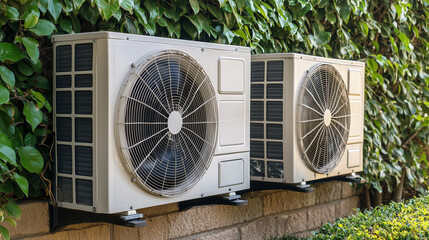Outdoor air conditioning units mounted on a wall surrounded by green ivy, symbolizing energy efficiency and cooling