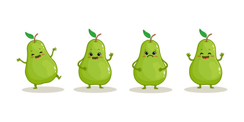 set of cute cartoon pear with emotions isolated on white background. Green pear in different poses. Funny fruit characters. Vector illustration.