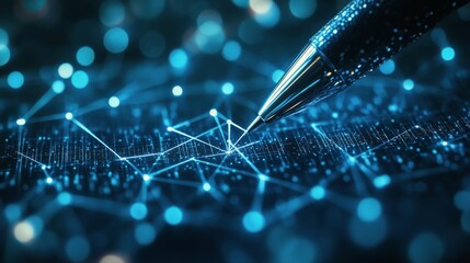 Writing with a futuristic pen on a glowing blue surface with interconnected nodes and lines