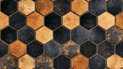Textured hexagonal tiles in a mix of black and orange tones with rustic and industrial aesthetics on a flat surface
