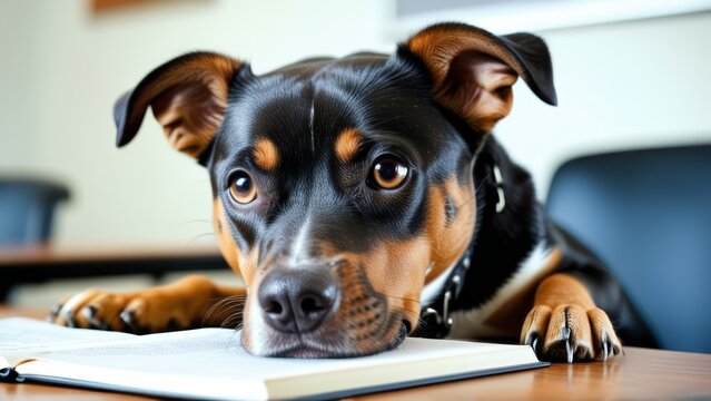 black dog lies face down on table close up