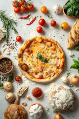 A Californiastyle pizza topped with sundried tomatoes, surrounded by an assortment of fresh vegetables and spices, placed on a table