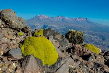 El Misti volcano crater in Peru near the city of Arequipa in Atacama desert. Sandy volcanic slopes...