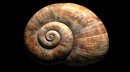 hyperrealistic close up of snail shell showcasing its intricate spiral pattern, textured surface, and earthy tones, isolated on black background for dramatic contrast
