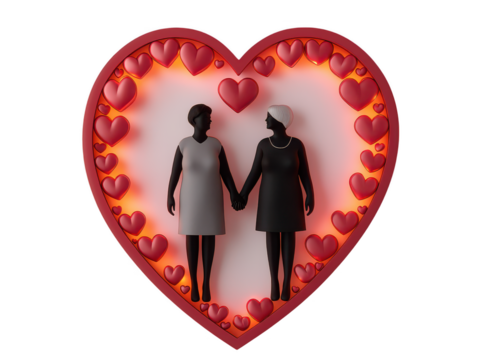Heart Shaped Frame Featuring Two Silhouetted Women Holding Hands, Surrounded by Smaller Heart Shapes in a Colorful and Romantic