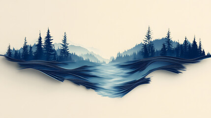 serene torn paper art depiction of flowing river surrounded by layered blue pine trees and distant mountains, creating tranquil and artistic natural landscape
