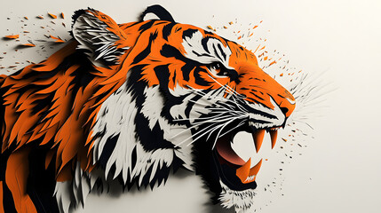 Obraz premium Dynamic torn paper art of roaring tiger, layered with vibrant orange, black, and white textures, showcasing intricate details and fierce expression