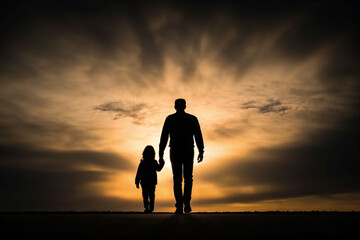Fototapeta premium Father and child bonding at dusk nature scene silhouette view embracing comfort and togetherness