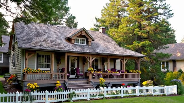A craftsman-style home with a shingle roof, a wraparound porch, and a picket fence in a serene suburban neighborhood.