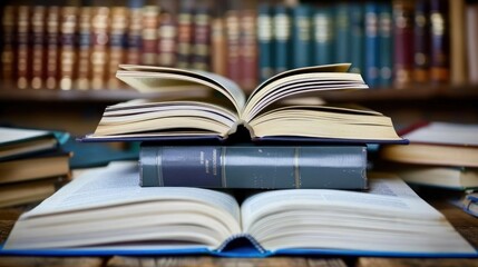 Naklejka premium Open Book on Stack of Books in Library