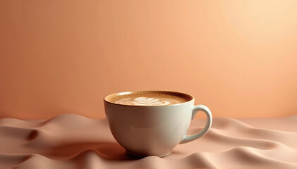 Mocha coffee cup on a tabletop that is wavy and peach and brown. Change from one of the year's hues to another 
