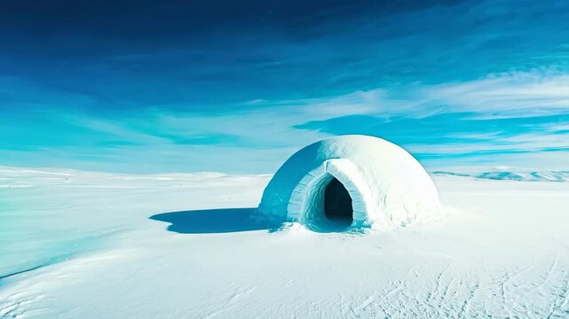 A classic igloo made from snow blocks sits in a vast, snowy landscape, highlighting the serene and chilly beauty of an Arctic winter scene.