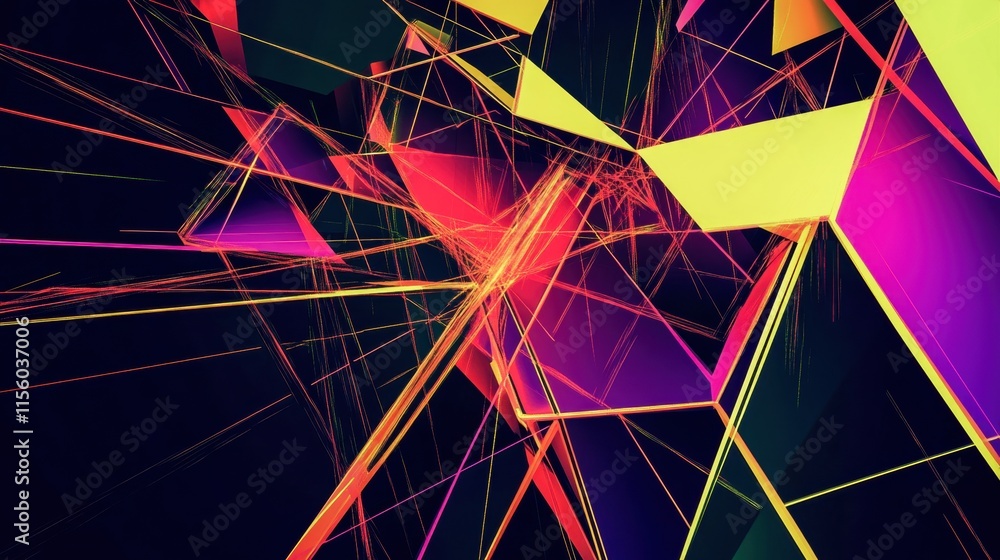 Poster dynamic geometric abstract design in vibrant red and purple hues with sharp lines. generative ai