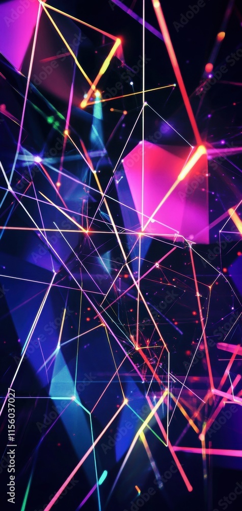 Poster geometric abstract design features bold red and purple tones with dynamic lines. generative ai