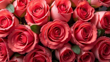 Naklejka premium Bouquet of blooming coral roses creates romantic atmosphere