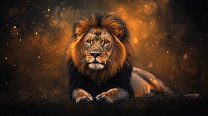 Naklejka premium Majestic lion resting in a golden savanna at sunset