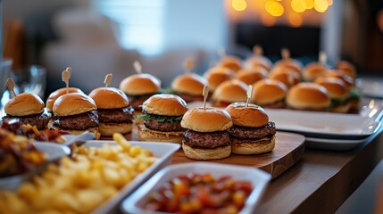 Gourmet mini sliders and condiments display for casual dining and social events