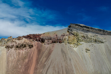 El Misti volcano crater in Peru near the city of Arequipa in Atacama desert. Sandy volcanic slopes covered with ash inside the huge crater of active volcano El Misti on a sunny day with blue sky
