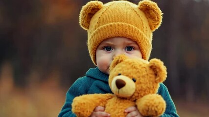 A heartwarming scene of a child gently holding a plush teddy bear, representing comfort, innocence, and the timeless bond between children and their beloved toys.