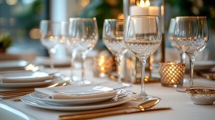 Elegant table setting with gold cutlery, white plates, and crystal glasses.