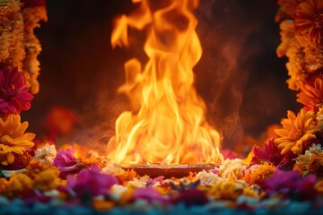 hindu festival celebrations, holika dahan flames rise against a festive backdrop with colorful flower garlands and offerings