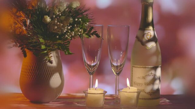 Valentine's Day celebration. Bottle of champagne with holiday label next to cozy fireplace.