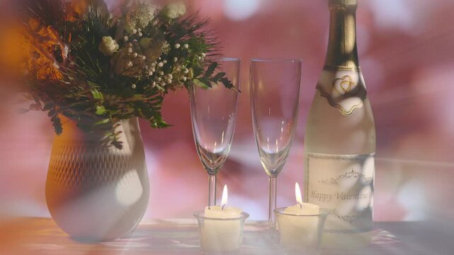 Valentine's Day celebration. Bottle of champagne with holiday label next to cozy fireplace.