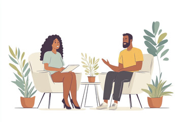 Two people sitting in chairs engaged in conversation, with a warm and friendly atmosphere, indicating a meaningful connection or discussion.