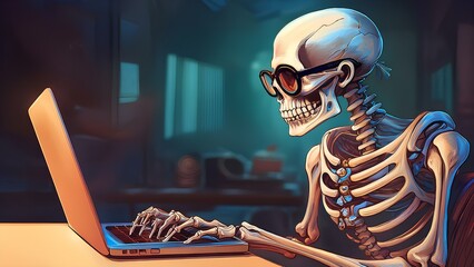 Programmer at the computer, bones and skull. Skeleton in glasses sits at the laptop, close-up.
