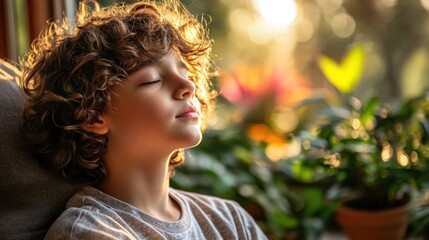 Fototapeta premium Child relaxes with closed eyes, surrounded by greenery, soaking in the sunlight in a tranquil setting