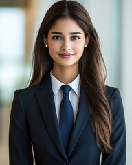 A young professional in a suit exudes confidence in a modern office setting