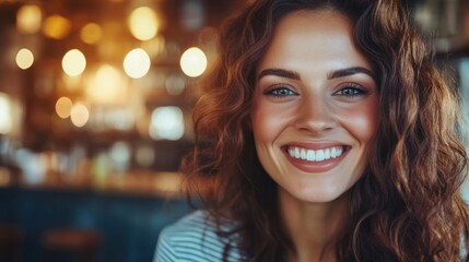 Obraz premium A smiling woman with curly hair enjoys her time in a warm and inviting cafe setting