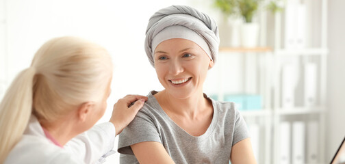Woman after chemotherapy visiting doctor in hospital