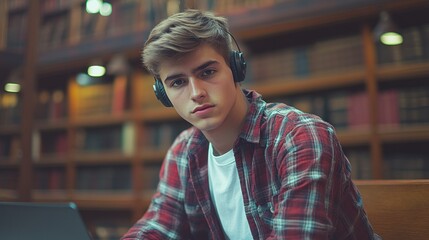 Obraz premium Student immersed in study with headphones in a library filled with books in the afternoon