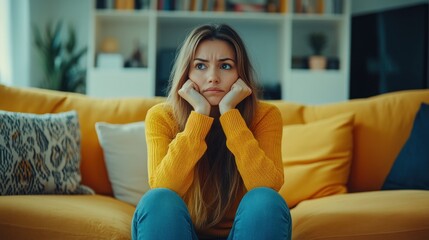 Obraz premium A woman in a yellow sweater sits on a couch, deep in thought with a worried expression on her face