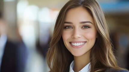 Fototapeta premium Young woman displays a bright smile while looking directly at the camera in an office environment