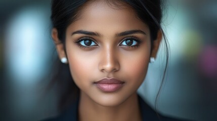 Naklejka premium Young woman with striking features and deep eyes radiates poise and elegance in a soft backdrop